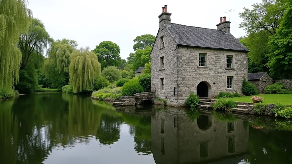 Historic stone mill building with water wheel