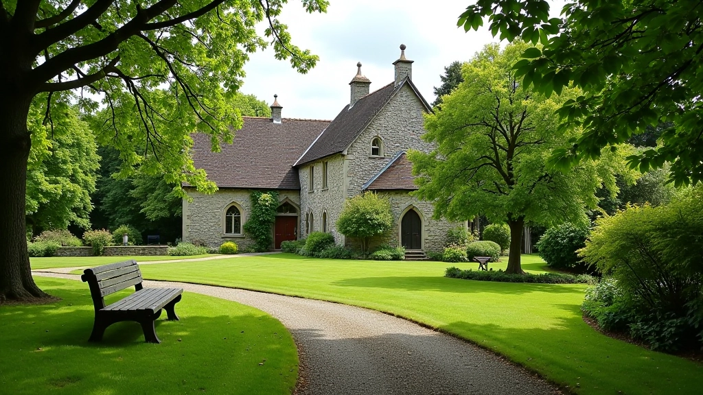 Quiet village green with traditional stone buildings