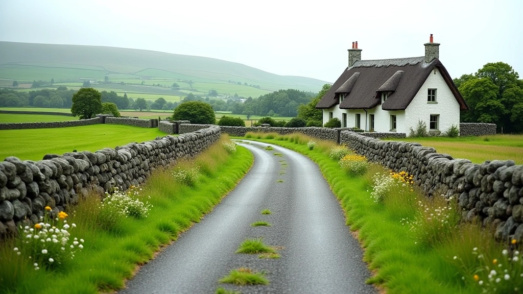 Traditional Irish country lane with stone walls