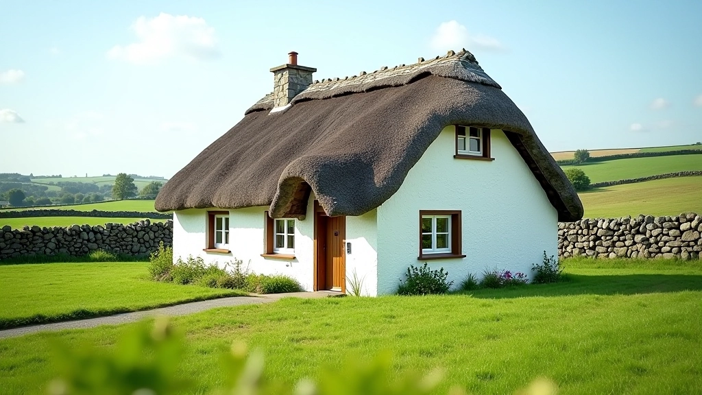 Traditional Irish thatched cottage with whitewashed walls